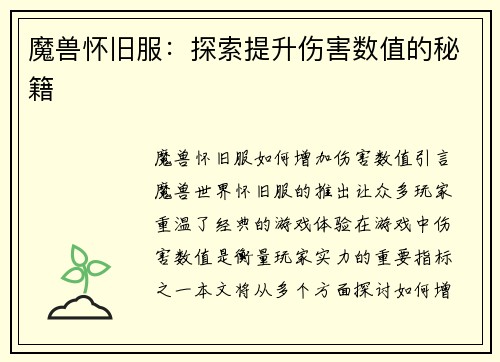 魔兽怀旧服：探索提升伤害数值的秘籍